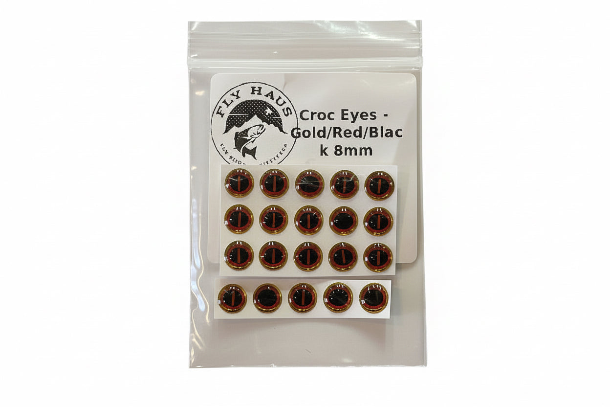 fly haus croc eyes gold red black